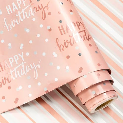 LeZakaa Reversible Pink Birthday Wrapping Paper Roll for Girls Women, Happy Birthday Lettering & Stripe Pattern with Metallic Foil in Pink, Mini Roll, 17 inches x 9.8 Feet - color: Birthday - Metallic Pink, size: 17" X 9.8 ft