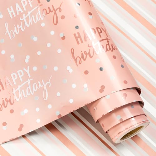 LeZakaa Reversible Pink Birthday Wrapping Paper Roll for Girls Women, Happy Birthday Lettering & Stripe Pattern with Metallic Foil in Pink, Large Roll, 30 inches x 32.8 Feet (92.9 sq.ft.) - color: Birthday - Metallic Pink, size: 30" X 32.8 ft