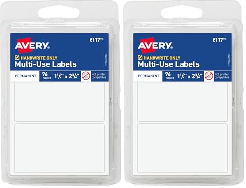 Avery Labels, 1.5" x 2.75", White, 76 Count | Permanent | Multi-Use | Non-Printable | Pack of 2 - size: 1.5 x 2.75 Inches (Pack of 2)