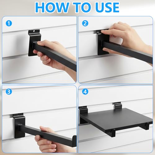 8 Pcs Black Slatwall Shelf Bracket, 12 Inch Metal Slat Wall Shelves Accessories, Heavy Duty Slat Wall Hooks, Slatwall Display Hangers for Storage and Organization