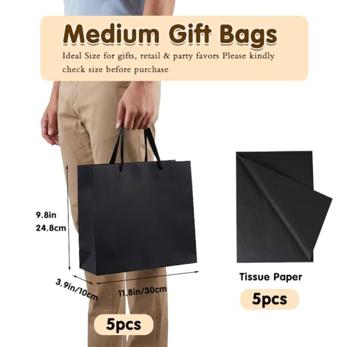Shintop 5pcs Medium Gift Bags with Tissue Paper, 11.8x3.9x9.8 in (Black) - color: M-5-Black