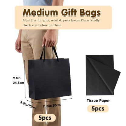 Shintop 5pcs Medium Gift Bags with Tissue Paper, 11.8x3.9x9.8 in (Black) - color: M-5-Black