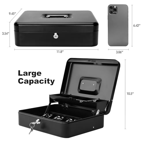Cash Box with Key Lock & Foam Auto-Pop Coin Tray – Secure Steel Money Box with 4 Upgraded Finger-Safe Bill Clips, Premium Smooth Scratch-Resistant Coating, 11.8"L x 9.5"W x 3.5"H, KL Black - color: KL Black