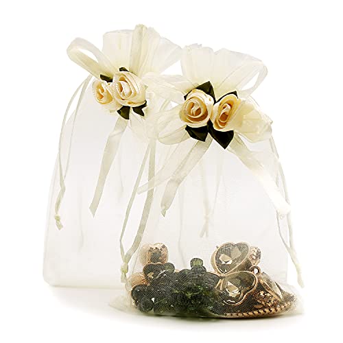 SumDirect Rose Organza Gift Bags - 50Pcs 4x6 inch Yellow Wedding Favor Gift Bags, Jewelry Pouches with Drawstring for Party Wedding Christmas Valentine - color: Yellow