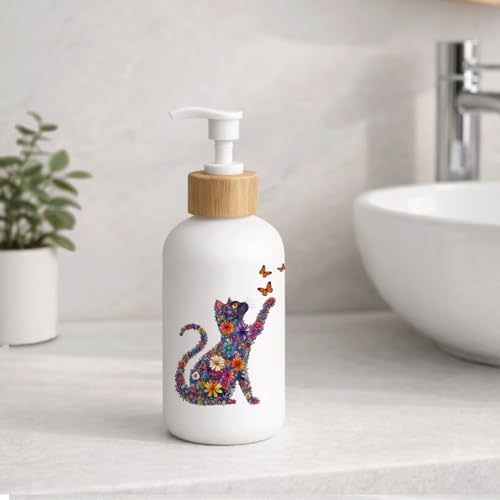 Boho Floral Cat Glass Soap Dispenser with Pump - color: Floral Cat