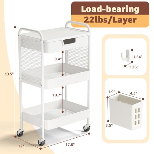3 Tier Rolling Cart with Drawer, Metal Rolling Utility Cart on Wheels with Pegboard, Art Cart Storage Organizer with Tabletop for Living Room, Office, Bedroom (White) - color: White