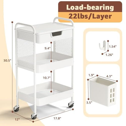 3 Tier Rolling Cart with Drawer, Metal Rolling Utility Cart on Wheels with Pegboard, Art Cart Storage Organizer with Tabletop for Living Room, Office, Bedroom (White) - color: White