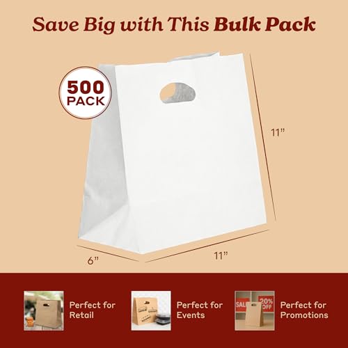 White Kraft Paper Bags with Die Cut Handles, 11" x 6" x 11", 500 Pack - color: White, size: 1 Count (Pack of 500)
