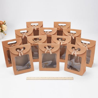 NBEADS 12 Pcs Kraft Paper Bags with Window, 2.8x5.5x7.7 Stand Up Gift Bag with Handles Brown Gift Bag with Clear Window for Candy Cookies Packaging Wedding Christmas Party Store Retail, Tan - color: Tan-12Pcs-l.w.h:5.51x2.8x7.7"