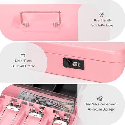 Jssmst Metal Cash Box with Money Tray and Lock, Portable Cash Drawer, 11.8" - color: Pink Code-A