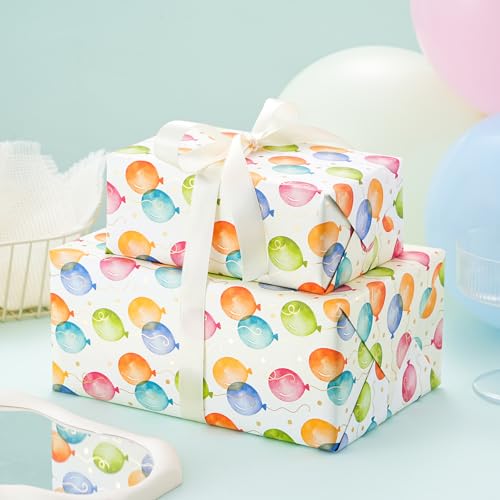 Ulmasinn Birthday Wrapping Paper Roll with Gold Foil Balloons, 17" x 16.4', Thick Gift Wrap for Birthday Gifts, Watercolor Balloon Design, No Creases, for Kids, Adults, Baby Shower and Celebrations - color: Birthday Gold Foil Balloon
