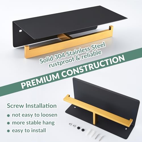 APLusee Double Toilet Paper Holder with Shelf, Black Gold, Wall Mounted - color: Black With Gold, size: Double Rod