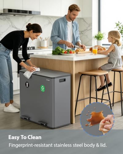 Dual Trash and Recycling Bins for Kitchen, 2*13.2 Gal Dual Trash Can, Gray - color: Gray, size: 2 * 13.2 Gallon