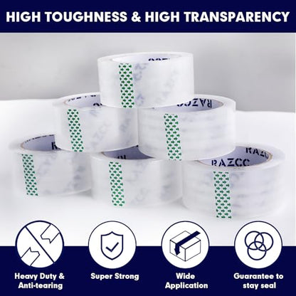 RAZCC Packing Tape, 18 Rolls Clear Heavy Duty Packaging Tape with Dispensers for Packing, Shipping, Moving and Mailing, Thicker Sealing Tape-1.88" x 65 Yards Per Roll, 1170 Total Yards - size: 1.88"-18 Rolls