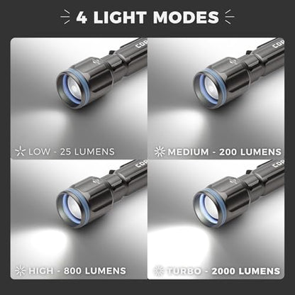 CORE 2000 Lumen Rechargeable Flashlight | LED Flashlight with 4 Modes, Adjustable Focus, Battery Indicator, Waterproof | Ideal for Home, Emergency, Camping, Hiking | USB Cable Included - size: 2000 Lumen