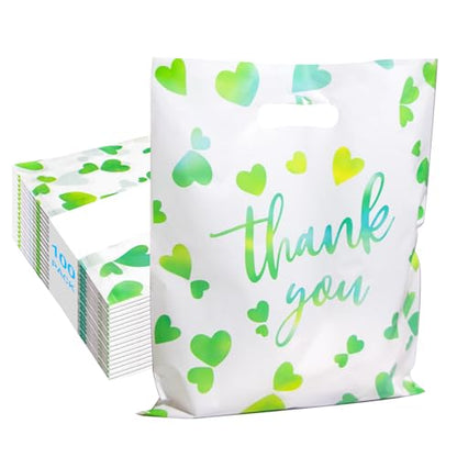 WAKAKO Bulk 100 Green Thank You Shopping Bags with Handles – Durable Plastic Retail Bags for Business Small, Boutique, Gifts, Merchandise (X-Large 18"x16") – Fits Clothing, Home Goods - size: X - Large