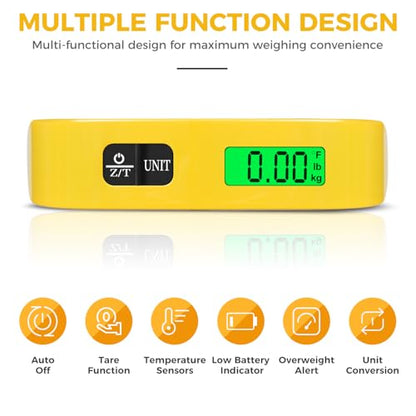BAGAIL Digital Luggage Scale, 110lbs Hanging Baggage Scale with Backlit LCD Display, Portable Suitcase Weighing Scale, Travel Luggage Weight Scale with Hook, Strong Straps for Travelers - color: Yellow