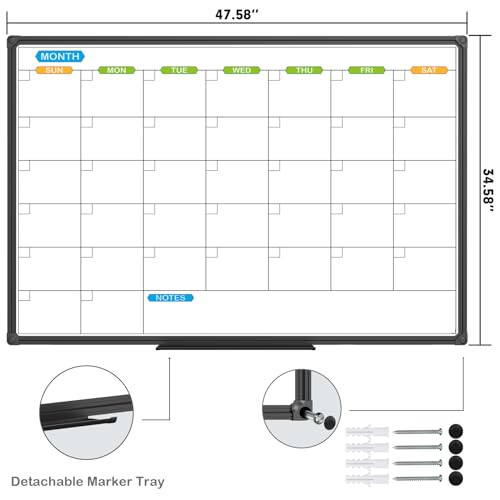 JILoffice Dry Erase Calendar Whiteboard 48 X 36 Inch - Magnetic White Board Calendar Monthly, Black Aluminum Frame Wall Mounted Board for Office Home and School - color: Black, size: 48"W x 36"H