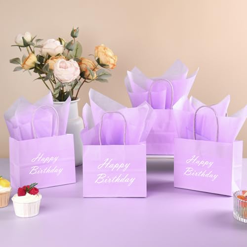 DjinnGlory 24 Pack Mini Tiny Small Lavender Purple Paper Gift Bags with Handles 6x5x2.5 Inch and 24 Tissue Paper for Merchandise Wedding Baby Shower Birthday Party Favors Goodies - color: Purple