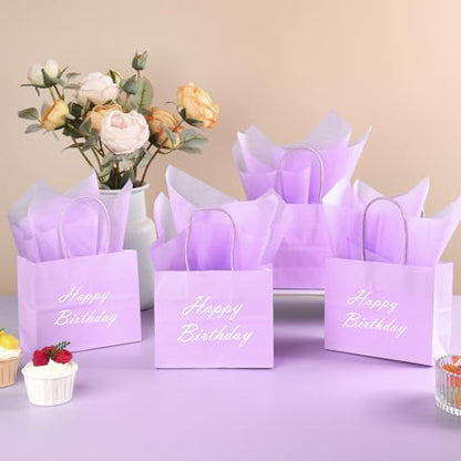 DjinnGlory 24 Pack Mini Tiny Small Lavender Purple Paper Gift Bags with Handles 6x5x2.5 Inch and 24 Tissue Paper for Merchandise Wedding Baby Shower Birthday Party Favors Goodies - color: Purple
