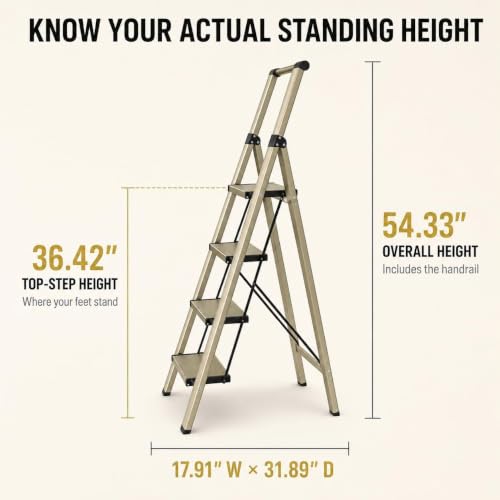 HISMOCAL 4 Step Ladder with Handrail, Lightweight Aluminum Step Stool, Gold - color: Golden, size: 4 Step-Handle