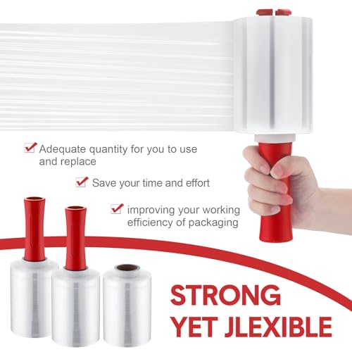 Jutom 16 Pcs Mini Stretch Film Industrial Shrink Wrap Roll Plastic Film for Moving 2 Handles 5" x 1000 ft Pallet Wrap Packaging Self Adhering Shipping for Moving Furniture Packing (Clear,Red) - color: Clear, Red