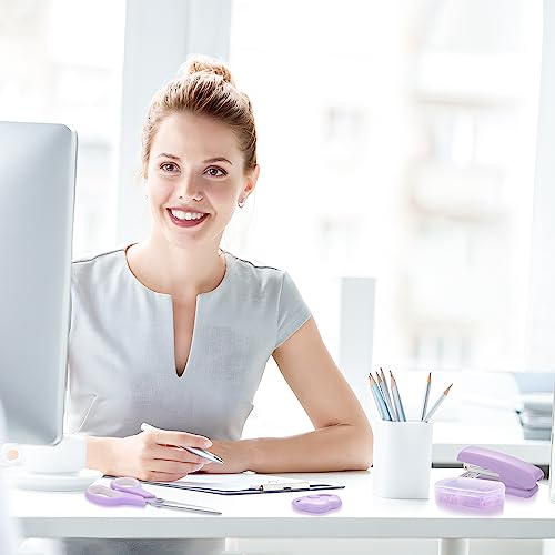 Purple Desk Accessory Kit Cute Office Supplies Set Desktop Stapler Set Includes Staple Remover Hole Punch Tape Dispenser Ballpoint Pen Scissor Mini Box Cutter Tape Measure Paper Clips Sticky Notes - color: Purple