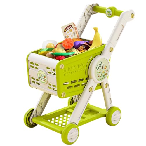 Shopping Cart for Kids, Large Pretend Grocery Cart with 30 Play Food Pieces - style: Green