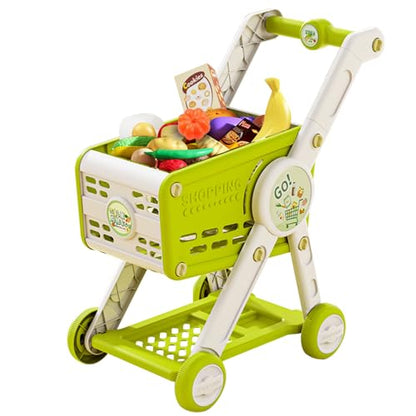 Shopping Cart for Kids, Large Pretend Grocery Cart with 30 Play Food Pieces - style: Green