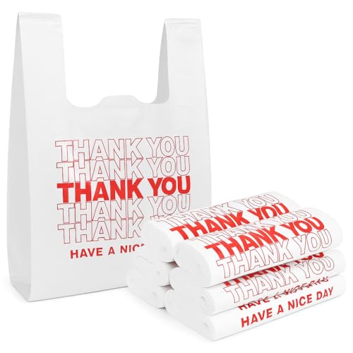 50 Count Thank You Plastic T-Shirt Bags with Handles, Heavy Duty 1.0 Mil (26 Micron) White HDPE, 11 x 6 x 21 in (1/6 BBL), Recyclable Grocery Carryout for Restaurants & Retail