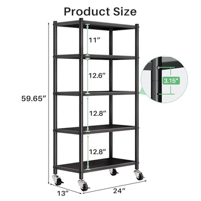 5 Tier Adjustable Storage Shelves, Heavy Duty Metal Storage Rack with Wheels, Shelving Units Utility Shelf for Kitchen, Pantry, Bathroom, Garage, Office Organization and Storage, Black, 13"x24"x59.7" - size: 24"L x 13"W x 59.65"H