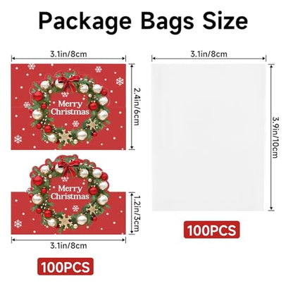 joycraft Jewelry Packaging for Small Business – 100Pcs OPP Clear Xmas Treat Bags with Merry Christmas Wreath Cards, Christmas Jewerly Display Bags Packaging for Selling, Party Favors, Holiday - color: Red with Garland