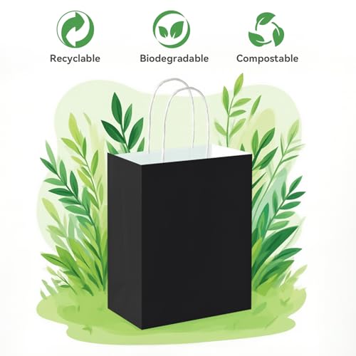 Brothersbox 100 Pack Paper Gift Bags with Handles, 8x4.75x10 Inch, Black - color: Black