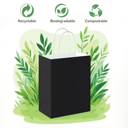 Brothersbox 100 Pack Paper Gift Bags with Handles, 8x4.75x10 Inch, Black - color: Black