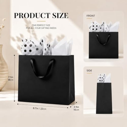 Offizon 12PCS Black Gift Bags with Stripe Tissue Small Bag 8.7x3.9x7.1in - color: Small-Black1-6PCS