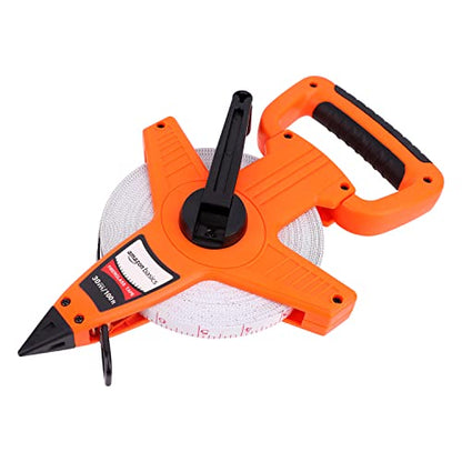 Amazon Basics Open Reel Fiberglass Measuring Tape, Versatile, Reliable, Shock-Absorbing Handle, Inch/Metric Scale, Impact Resistant Shell, 100-feet (30-Meters) by 1/2-Inch, Orange