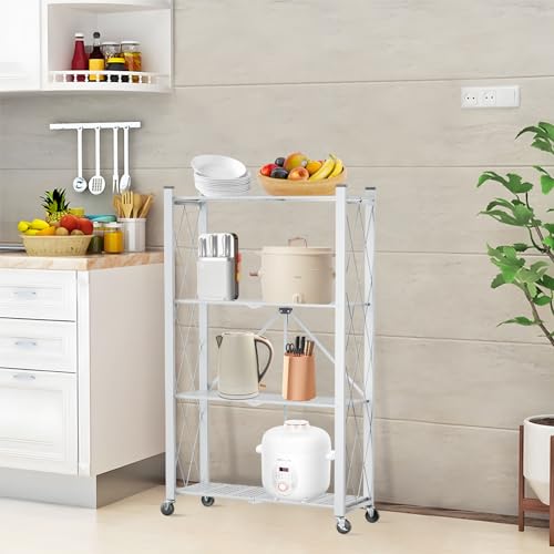 4-Tier Folding Shelf with Wheels No Assembly Portable Shelves - color: White, size: 4 Tier