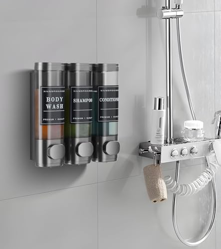 Cabo Deseado Shower Soap Dispenser Wall Mounted No Drill Shampoo Dispenser for Shower Wall Shampoo and Conditioner Dispenser Bathroom Hotel 3 * 350ml Gungray with Labels - color: Gungray