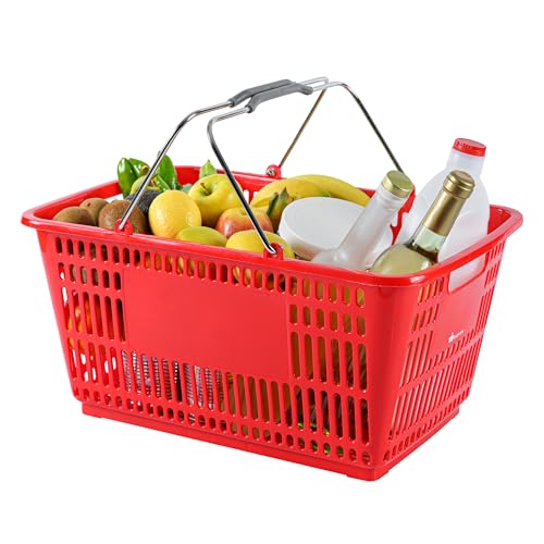 Restaurantware Plastic Shopping Basket, Red, with Steel Handles - style: Steel Handles