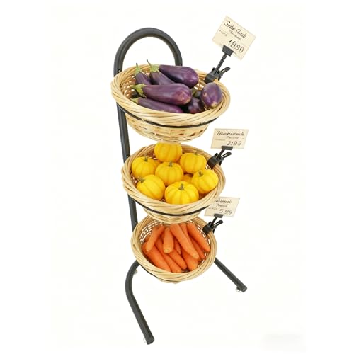 FixtureDisplays 3 Tier Wicker Basket Metal Stand with Sign Clips, Market Basket Storage Organizer 19425