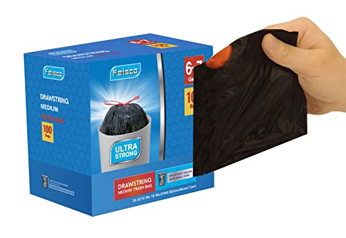 Feisco 6-7 Gallon Black Trash Bag,Medium Drawstring Garbage Bag Trash Can Liner,100 Counts,0.67 Mil - size: 100 Count (Pack of 1)