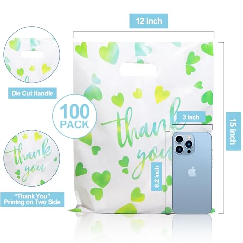 WAKAKO Bulk 100 Green Thank You Shopping Bags with Handles – Durable Plastic Retail Bags for Business Small, Boutique, Gifts, Merchandise (Large 15"x12") - size: Large