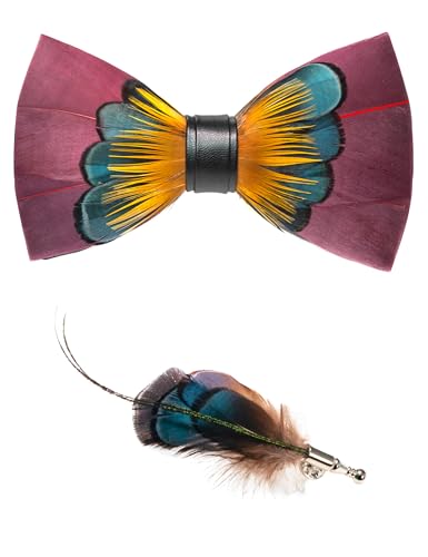 RBOCOTT Handmade Feather Pre-tied Bow tie and Brooch Sets for Men - color: Burgundy/Yellow/Blue