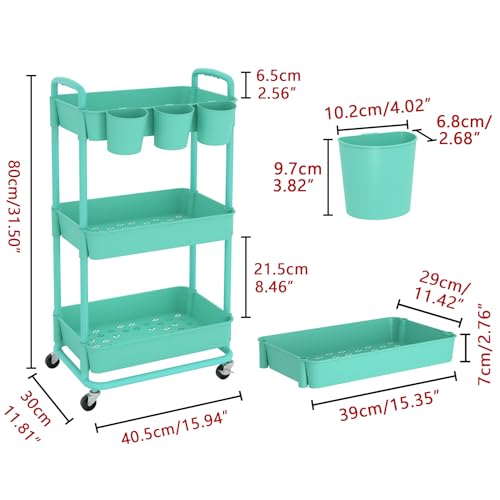 JIUYOTREE 3-Tier Plastic Rolling Storage Cart Utility Cart Green - color: Green, size: 3-Tier