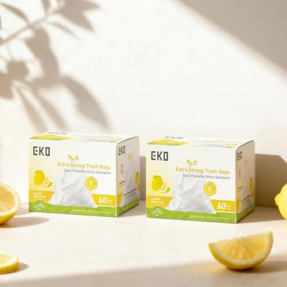 EKO 21 Gallon / 50-90 Liter, Drawstring TrashBags,Extra-Strong Garbage Bags,Lemon Zest Scent-Continuous Odor Control,Easy-Dispense Roll for Kitchen & Household Use, Code G,White, 60 Count (Pack of 4) - size: 60 Count (Pack of 4), style: 21 Gallon Bags/Cod