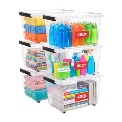 Cetomo 40Qt Plastic Storage Bin with Wheels, Stackable Storage Box with Lid, Organizer, Container for Home, Office, Drom, PP, BPA-Free, Nestable, Clear, 40Quart-6 Pack - size: 40Qt*6