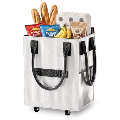 Reusable Grocery Bag on Wheel, Foldable Shopping Cart with Wheels, Can Carry up to 88 Pounds, Suitable for Groceries, Laundry, Camping and Moving. - color: Silver - Medium