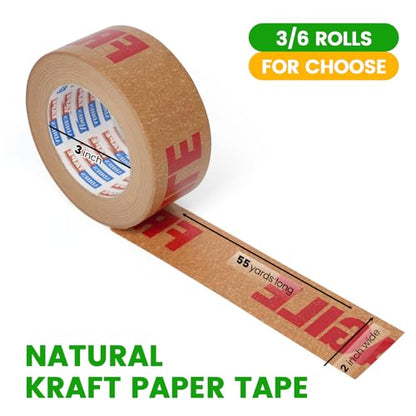 ADHES Fragile Tape, Biodegradable Kraft Paper Tape - 2in x 55yds, 3 Rolls