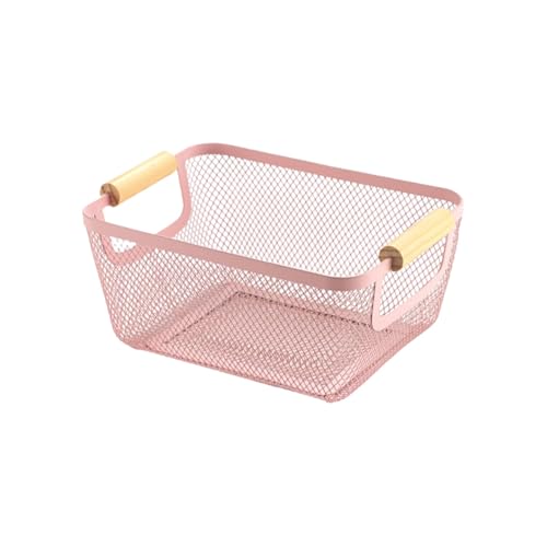 AJIODA Metal Mesh Steel Basket, Small Wire Storage Organizer Baskets Multi-function Hanging Kitchen Basket with Wood Handle for Kitchen Bathroom Picnic Home, Rectangle-Pink - color: Pink, size: 1Pack-Small