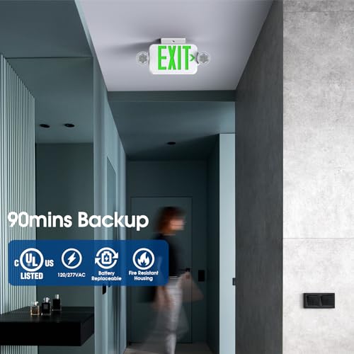 Green Led Exit Sign Emergency Light Combo Adjustable Two Head, Double Sided and Battery Backup Exit Light, Contractor Select, AC 120/277V (1 Pack) - size: 1